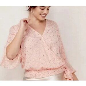 LC Lauren Conrad Women's Beige Polka Dot Bell Sleeve Wrap Blouse Top Size M